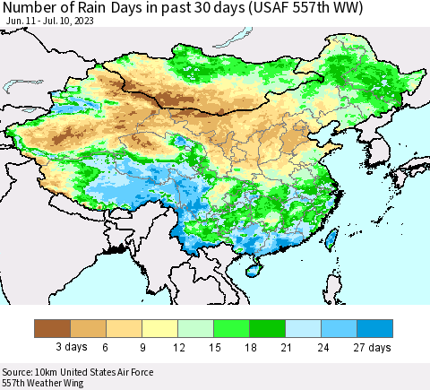 China, Mongolia and Taiwan Number of Rain Days in past 30 days (USAF 557th WW) 07/10/2023 Thematic Map For 7/6/2023 - 7/10/2023