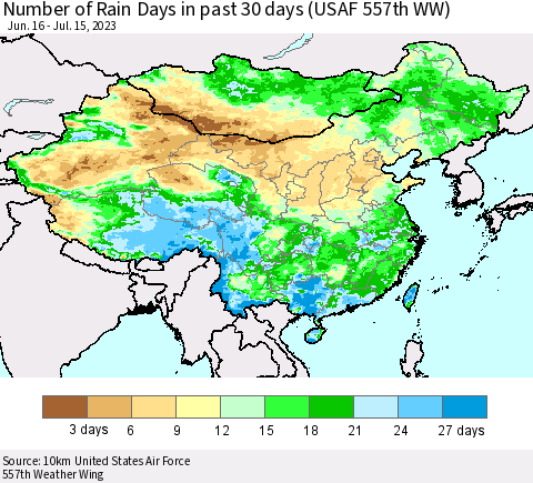 China, Mongolia and Taiwan Number of Rain Days in past 30 days (USAF 557th WW) 07/15/2023 Thematic Map For 7/11/2023 - 7/15/2023