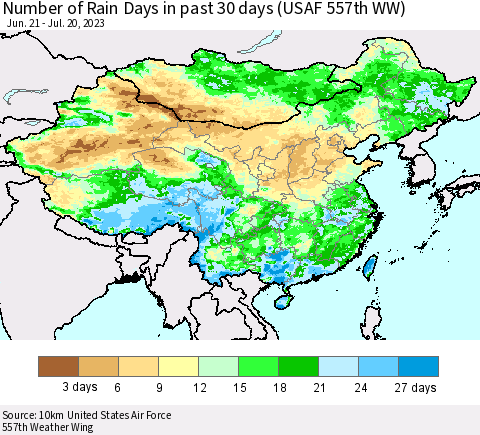 China, Mongolia and Taiwan Number of Rain Days in past 30 days (USAF 557th WW) 07/20/2023 Thematic Map For 7/16/2023 - 7/20/2023