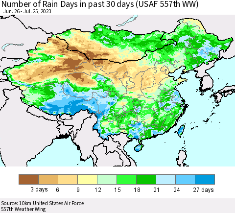 China, Mongolia and Taiwan Number of Rain Days in past 30 days (USAF 557th WW) 07/25/2023 Thematic Map For 7/21/2023 - 7/25/2023