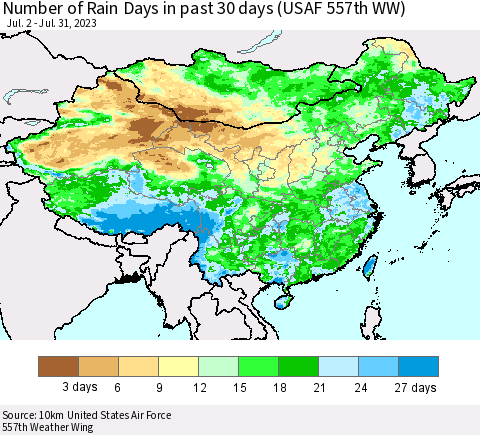 China, Mongolia and Taiwan Number of Rain Days in past 30 days (USAF 557th WW) 07/31/2023 Thematic Map For 7/26/2023 - 7/31/2023