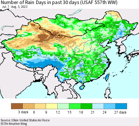 China, Mongolia and Taiwan Number of Rain Days in past 30 days (USAF 557th WW) 08/05/2023 Thematic Map For 8/1/2023 - 8/5/2023
