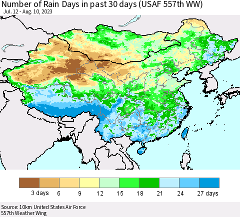 China, Mongolia and Taiwan Number of Rain Days in past 30 days (USAF 557th WW) 08/10/2023 Thematic Map For 8/6/2023 - 8/10/2023