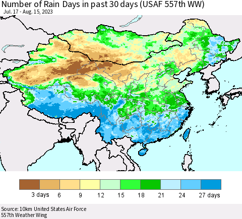 China, Mongolia and Taiwan Number of Rain Days in past 30 days (USAF 557th WW) 08/15/2023 Thematic Map For 8/11/2023 - 8/15/2023