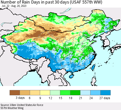 China, Mongolia and Taiwan Number of Rain Days in past 30 days (USAF 557th WW) 08/20/2023 Thematic Map For 8/16/2023 - 8/20/2023