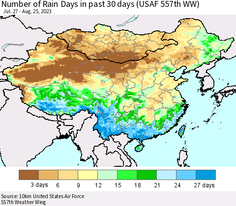 China, Mongolia and Taiwan Number of Rain Days in past 30 days (USAF 557th WW) 08/25/2023 Thematic Map For 8/21/2023 - 8/25/2023
