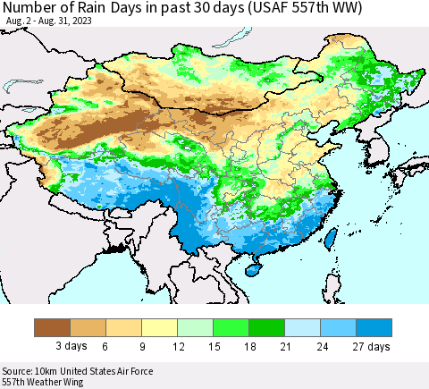 China, Mongolia and Taiwan Number of Rain Days in past 30 days (USAF 557th WW) 08/31/2023 Thematic Map For 8/26/2023 - 8/31/2023