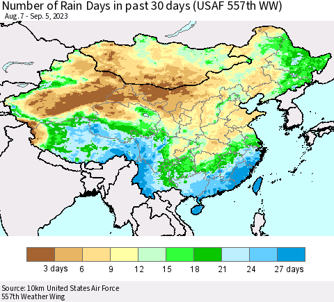 China, Mongolia and Taiwan Number of Rain Days in past 30 days (USAF 557th WW) 09/05/2023 Thematic Map For 9/1/2023 - 9/5/2023