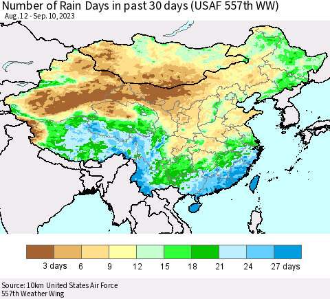 China, Mongolia and Taiwan Number of Rain Days in past 30 days (USAF 557th WW) 09/10/2023 Thematic Map For 9/6/2023 - 9/10/2023
