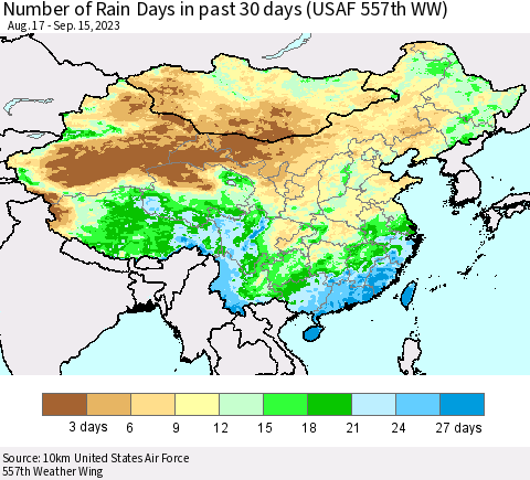 China, Mongolia and Taiwan Number of Rain Days in past 30 days (USAF 557th WW) 09/15/2023 Thematic Map For 9/11/2023 - 9/15/2023
