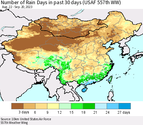 China, Mongolia and Taiwan Number of Rain Days in past 30 days (USAF 557th WW) 09/20/2023 Thematic Map For 9/16/2023 - 9/20/2023