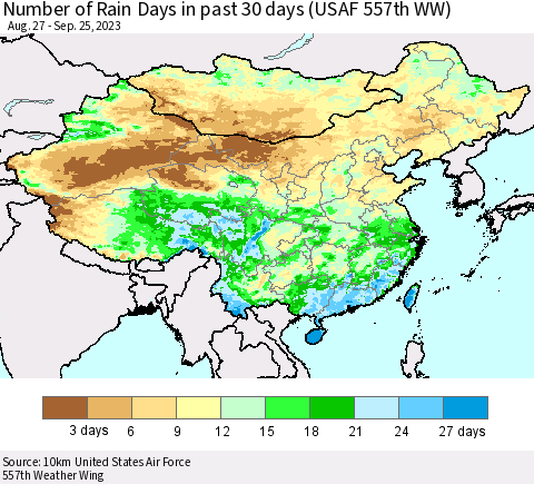 China, Mongolia and Taiwan Number of Rain Days in past 30 days (USAF 557th WW) 09/25/2023 Thematic Map For 9/21/2023 - 9/25/2023