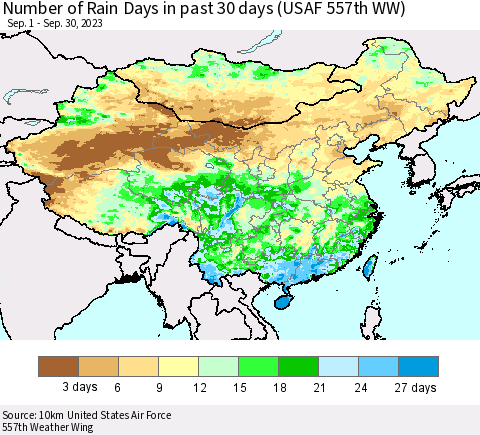 China, Mongolia and Taiwan Number of Rain Days in past 30 days (USAF 557th WW) 09/30/2023 Thematic Map For 9/26/2023 - 9/30/2023
