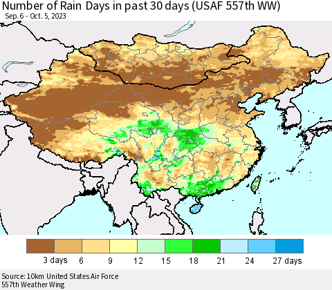 China, Mongolia and Taiwan Number of Rain Days in past 30 days (USAF 557th WW) 10/05/2023 Thematic Map For 10/1/2023 - 10/5/2023