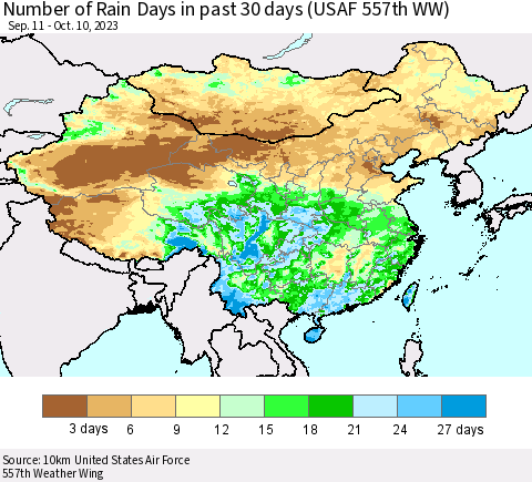 China, Mongolia and Taiwan Number of Rain Days in past 30 days (USAF 557th WW) 10/10/2023 Thematic Map For 10/6/2023 - 10/10/2023