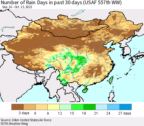 China, Mongolia and Taiwan Number of Rain Days in past 30 days (USAF 557th WW) 10/15/2023 Thematic Map For 10/11/2023 - 10/15/2023