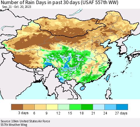 China, Mongolia and Taiwan Number of Rain Days in past 30 days (USAF 557th WW) 10/20/2023 Thematic Map For 10/16/2023 - 10/20/2023