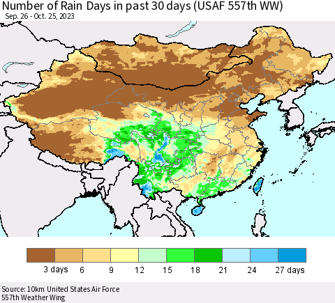China, Mongolia and Taiwan Number of Rain Days in past 30 days (USAF 557th WW) 10/25/2023 Thematic Map For 10/21/2023 - 10/25/2023