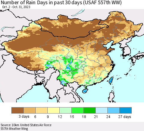 China, Mongolia and Taiwan Number of Rain Days in past 30 days (USAF 557th WW) 10/31/2023 Thematic Map For 10/26/2023 - 10/31/2023