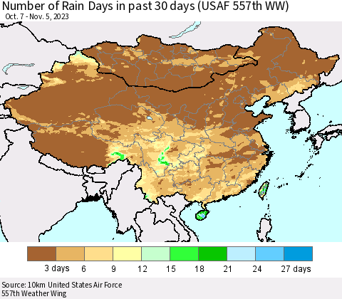 China, Mongolia and Taiwan Number of Rain Days in past 30 days (USAF 557th WW) 11/05/2023 Thematic Map For 11/1/2023 - 11/5/2023