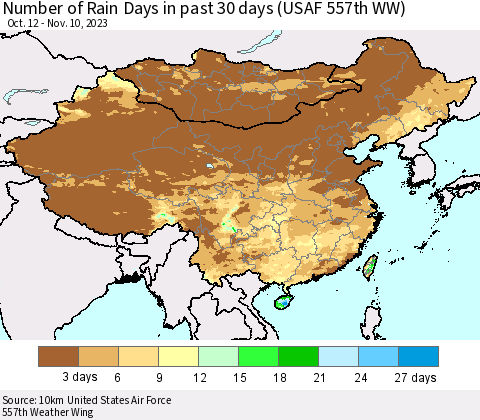 China, Mongolia and Taiwan Number of Rain Days in past 30 days (USAF 557th WW) 11/10/2023 Thematic Map For 11/6/2023 - 11/10/2023
