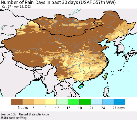 China, Mongolia and Taiwan Number of Rain Days in past 30 days (USAF 557th WW) 11/15/2023 Thematic Map For 11/11/2023 - 11/15/2023