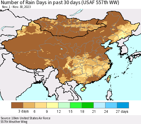 China, Mongolia and Taiwan Number of Rain Days in past 30 days (USAF 557th WW) 11/30/2023 Thematic Map For 11/26/2023 - 11/30/2023