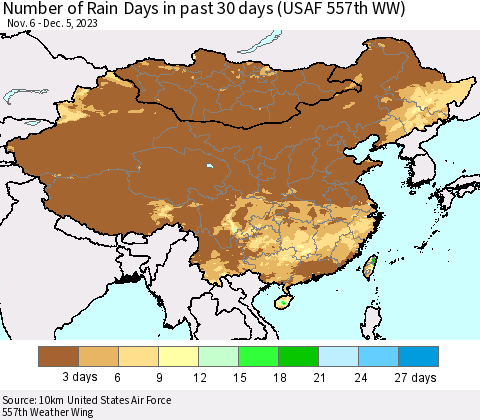 China, Mongolia and Taiwan Number of Rain Days in past 30 days (USAF 557th WW) 12/05/2023 Thematic Map For 12/1/2023 - 12/5/2023