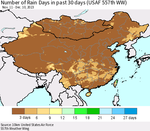 China, Mongolia and Taiwan Number of Rain Days in past 30 days (USAF 557th WW) 12/10/2023 Thematic Map For 12/6/2023 - 12/10/2023