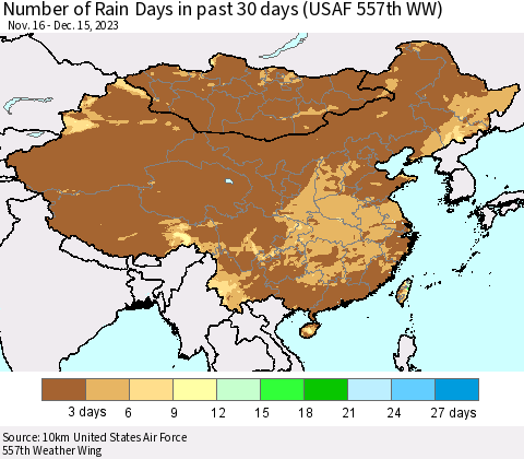 China, Mongolia and Taiwan Number of Rain Days in past 30 days (USAF 557th WW) 12/15/2023 Thematic Map For 12/11/2023 - 12/15/2023