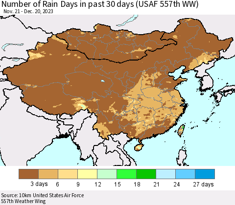 China, Mongolia and Taiwan Number of Rain Days in past 30 days (USAF 557th WW) 12/20/2023 Thematic Map For 12/16/2023 - 12/20/2023