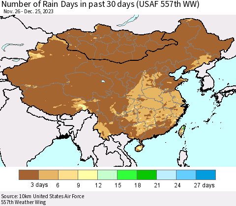 China, Mongolia and Taiwan Number of Rain Days in past 30 days (USAF 557th WW) 12/25/2023 Thematic Map For 12/21/2023 - 12/25/2023