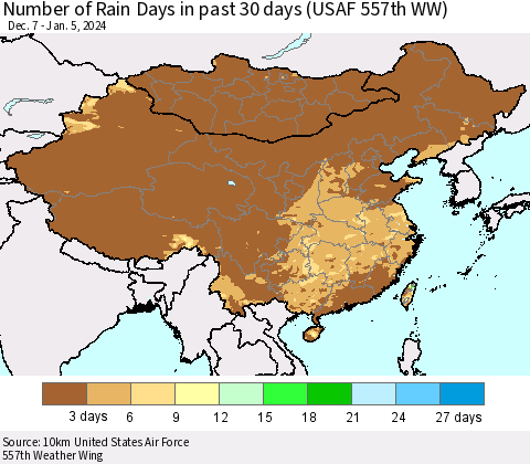 China, Mongolia and Taiwan Number of Rain Days in past 30 days (USAF 557th WW) 01/05/2024 Thematic Map For 1/1/2024 - 1/5/2024