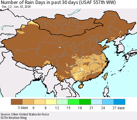 China, Mongolia and Taiwan Number of Rain Days in past 30 days (USAF 557th WW) 01/10/2024 Thematic Map For 1/6/2024 - 1/10/2024