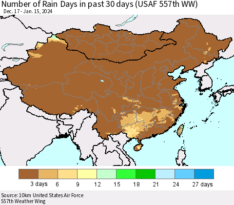 China, Mongolia and Taiwan Number of Rain Days in past 30 days (USAF 557th WW) 01/15/2024 Thematic Map For 1/11/2024 - 1/15/2024