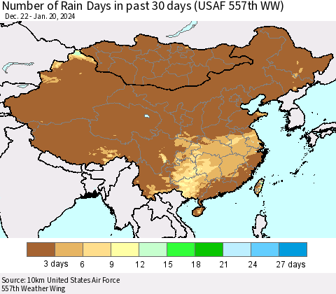 China, Mongolia and Taiwan Number of Rain Days in past 30 days (USAF 557th WW) 01/20/2024 Thematic Map For 1/16/2024 - 1/20/2024