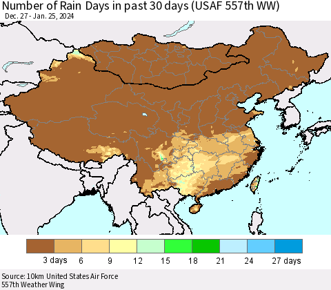 China, Mongolia and Taiwan Number of Rain Days in past 30 days (USAF 557th WW) 01/25/2024 Thematic Map For 1/21/2024 - 1/25/2024