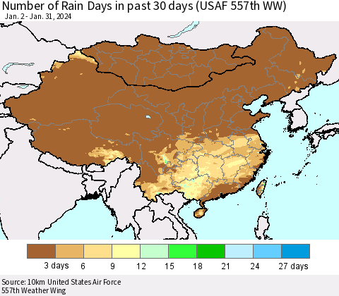 China, Mongolia and Taiwan Number of Rain Days in past 30 days (USAF 557th WW) 01/31/2024 Thematic Map For 1/26/2024 - 1/31/2024