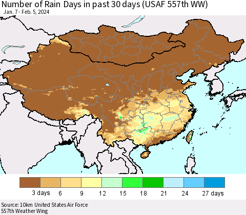 China, Mongolia and Taiwan Number of Rain Days in past 30 days (USAF 557th WW) 02/05/2024 Thematic Map For 2/1/2024 - 2/5/2024