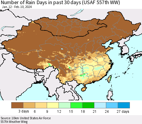 China, Mongolia and Taiwan Number of Rain Days in past 30 days (USAF 557th WW) 02/10/2024 Thematic Map For 2/6/2024 - 2/10/2024