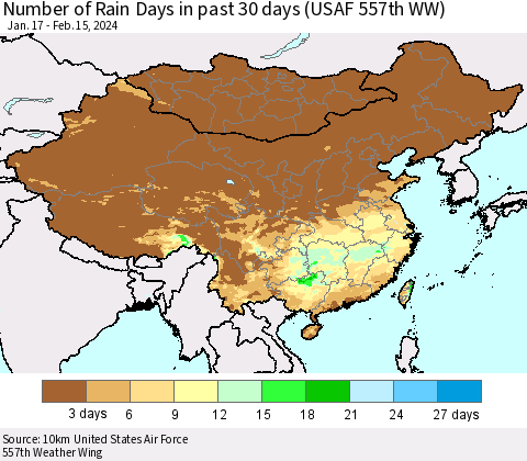 China, Mongolia and Taiwan Number of Rain Days in past 30 days (USAF 557th WW) 02/15/2024 Thematic Map For 2/11/2024 - 2/15/2024