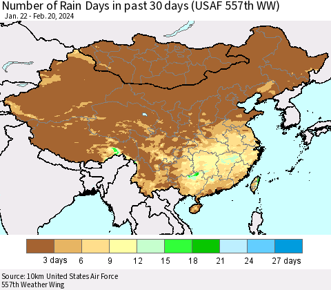 China, Mongolia and Taiwan Number of Rain Days in past 30 days (USAF 557th WW) 02/20/2024 Thematic Map For 2/16/2024 - 2/20/2024