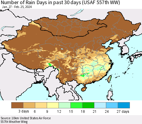 China, Mongolia and Taiwan Number of Rain Days in past 30 days (USAF 557th WW) 02/25/2024 Thematic Map For 2/21/2024 - 2/25/2024