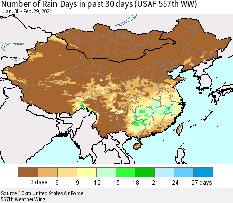China, Mongolia and Taiwan Number of Rain Days in past 30 days (USAF 557th WW) 02/29/2024 Thematic Map For 2/26/2024 - 2/29/2024