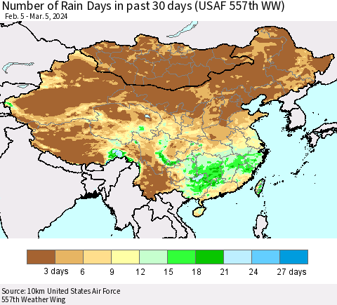 China, Mongolia and Taiwan Number of Rain Days in past 30 days (USAF 557th WW) 03/05/2024 Thematic Map For 3/1/2024 - 3/5/2024