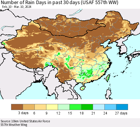China, Mongolia and Taiwan Number of Rain Days in past 30 days (USAF 557th WW) 03/10/2024 Thematic Map For 3/6/2024 - 3/10/2024