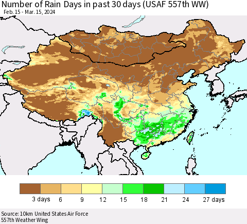China, Mongolia and Taiwan Number of Rain Days in past 30 days (USAF 557th WW) 03/15/2024 Thematic Map For 3/11/2024 - 3/15/2024