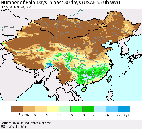 China, Mongolia and Taiwan Number of Rain Days in past 30 days (USAF 557th WW) 03/20/2024 Thematic Map For 3/16/2024 - 3/20/2024