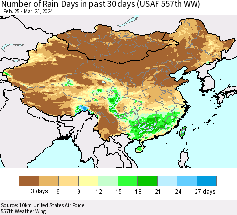 China, Mongolia and Taiwan Number of Rain Days in past 30 days (USAF 557th WW) 03/25/2024 Thematic Map For 3/21/2024 - 3/25/2024
