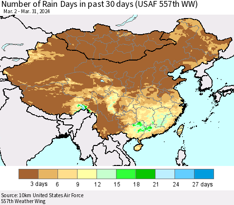 China, Mongolia and Taiwan Number of Rain Days in past 30 days (USAF 557th WW) 03/31/2024 Thematic Map For 3/26/2024 - 3/31/2024
